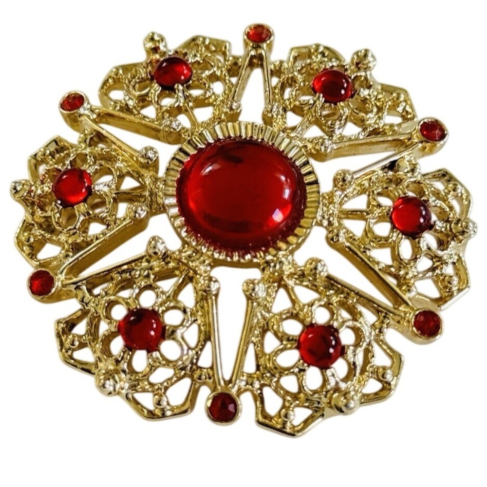 Sarah Coventry Regal Brooch Pin VTG Red gold Glass Cabochon Rhinestone Jeweled